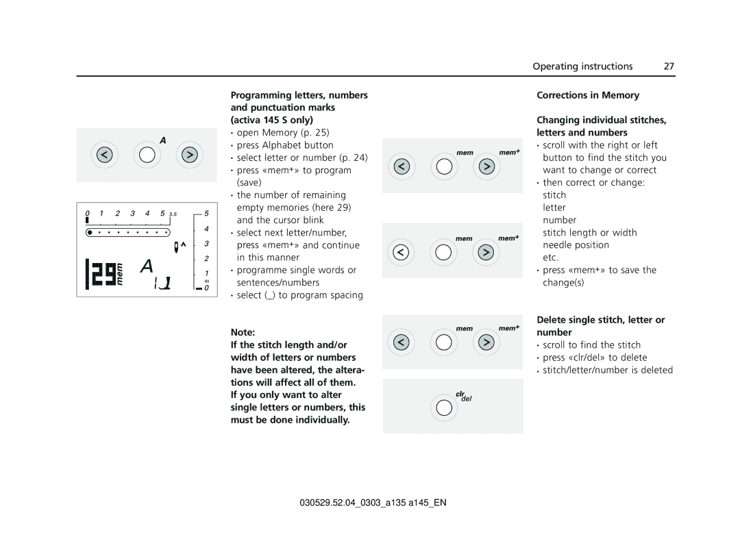 Bernina 135 S appendix Delete single stitch, letter or number 