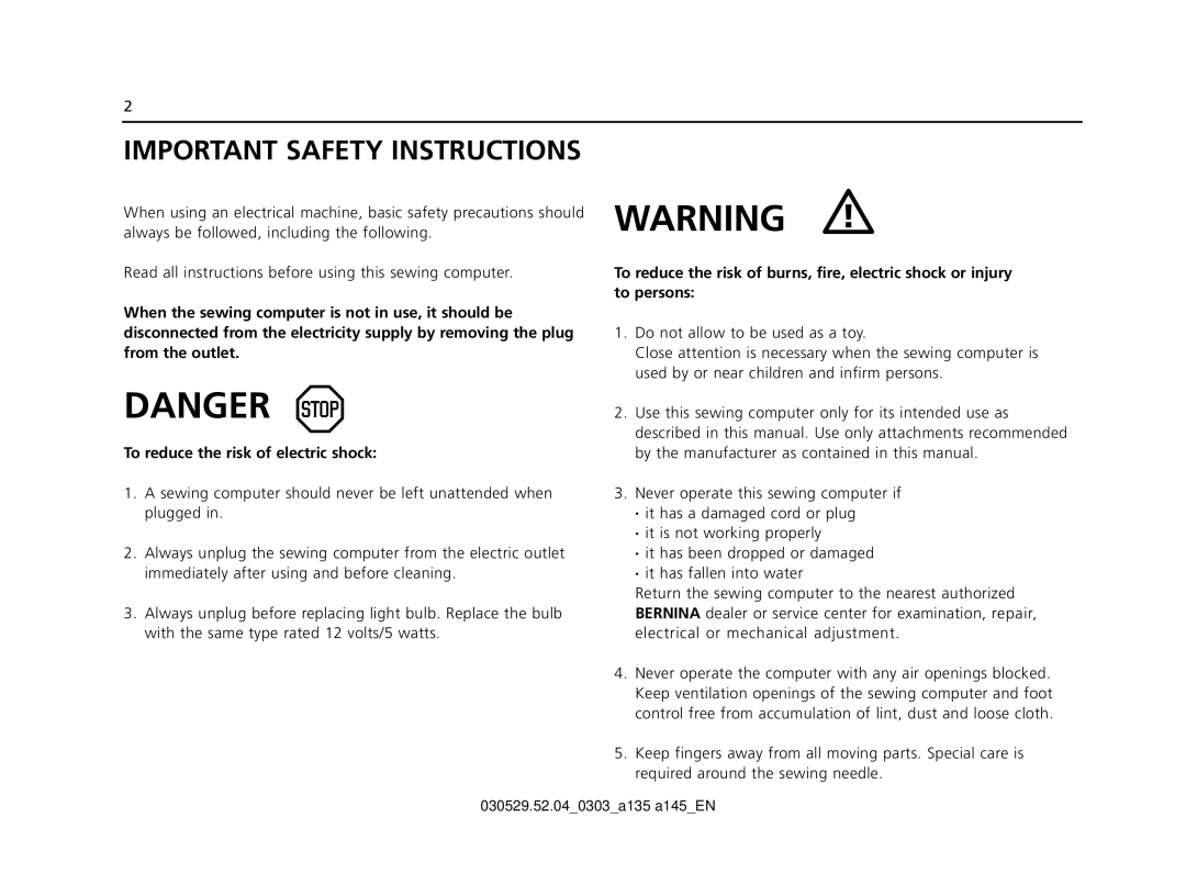 Bernina 135 S appendix Important Safety Instructions 