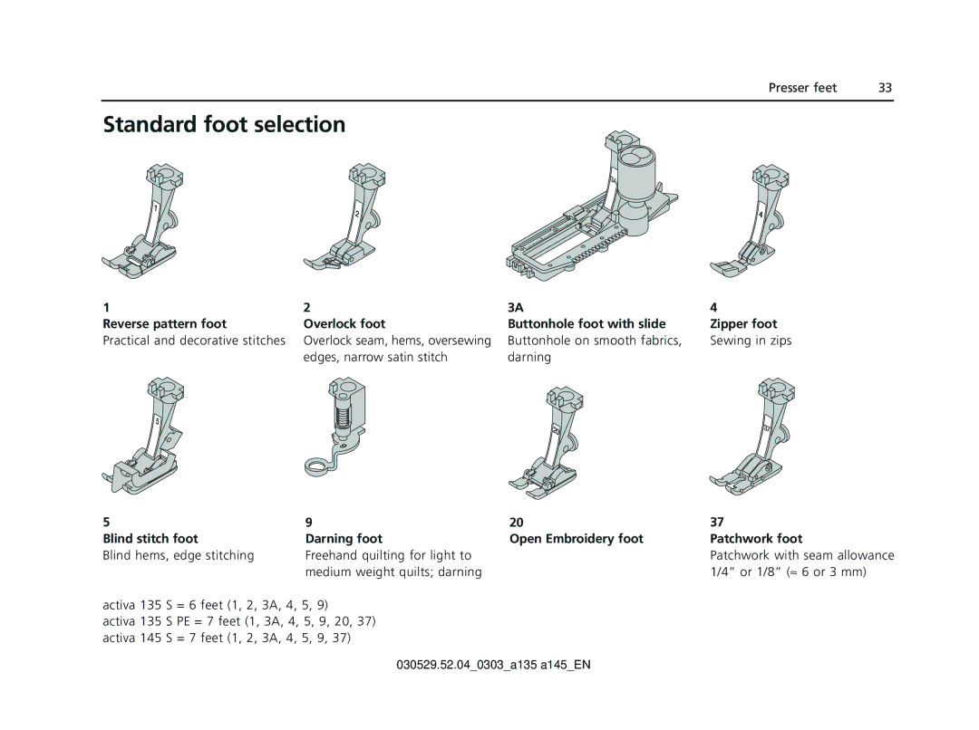 Bernina 135 S appendix Standard foot selection 