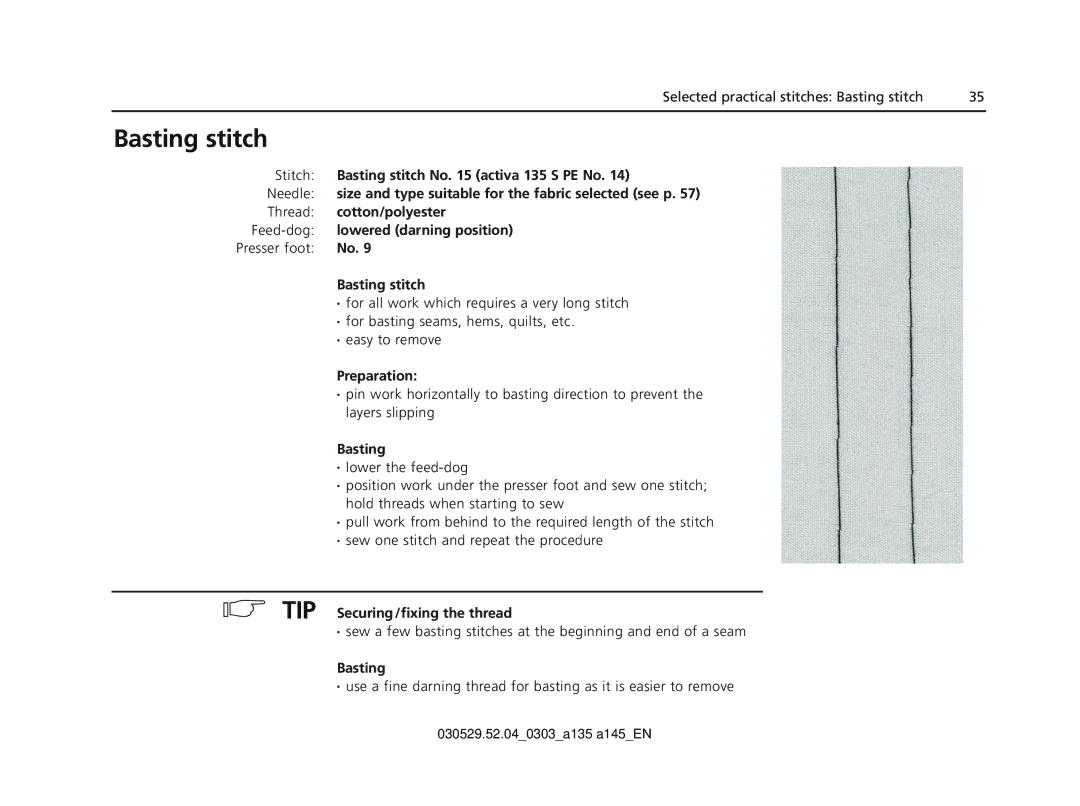 Bernina 135 S appendix Basting stitch 