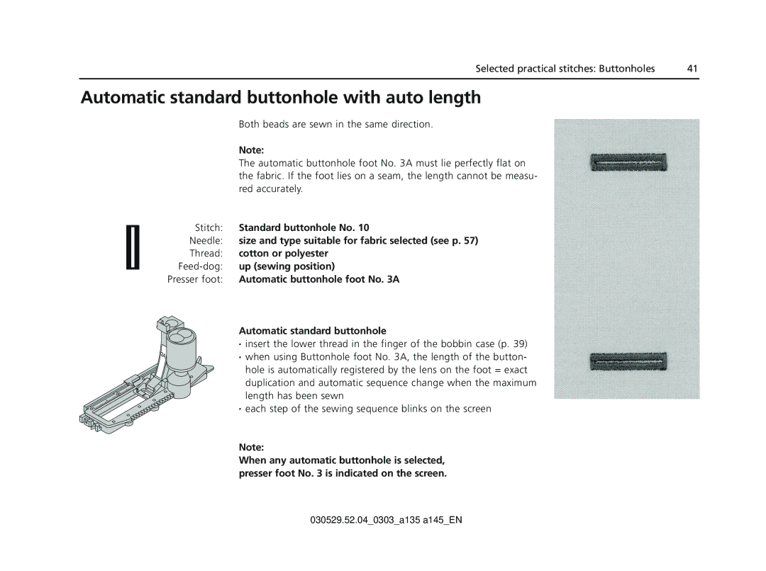 Bernina 135 S appendix Automatic standard buttonhole with auto length 