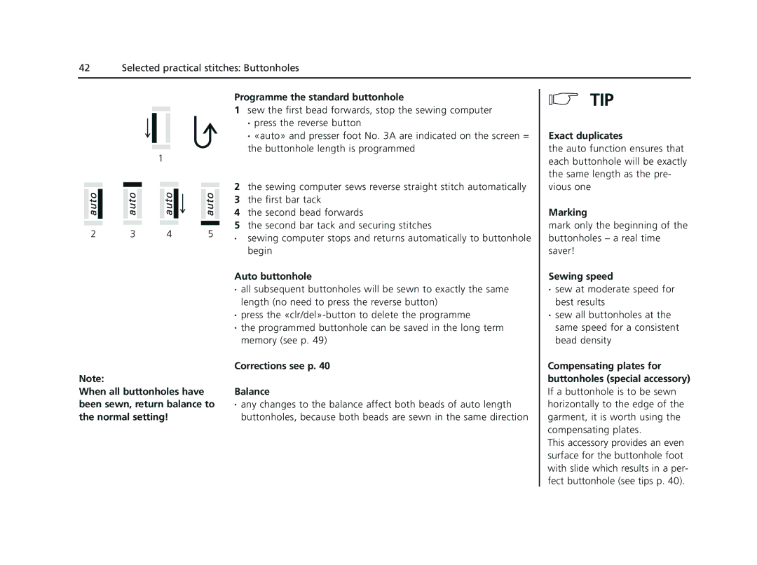 Bernina 135 S appendix Programme the standard buttonhole, Auto buttonhole, Corrections see p, Exact duplicates, Marking 