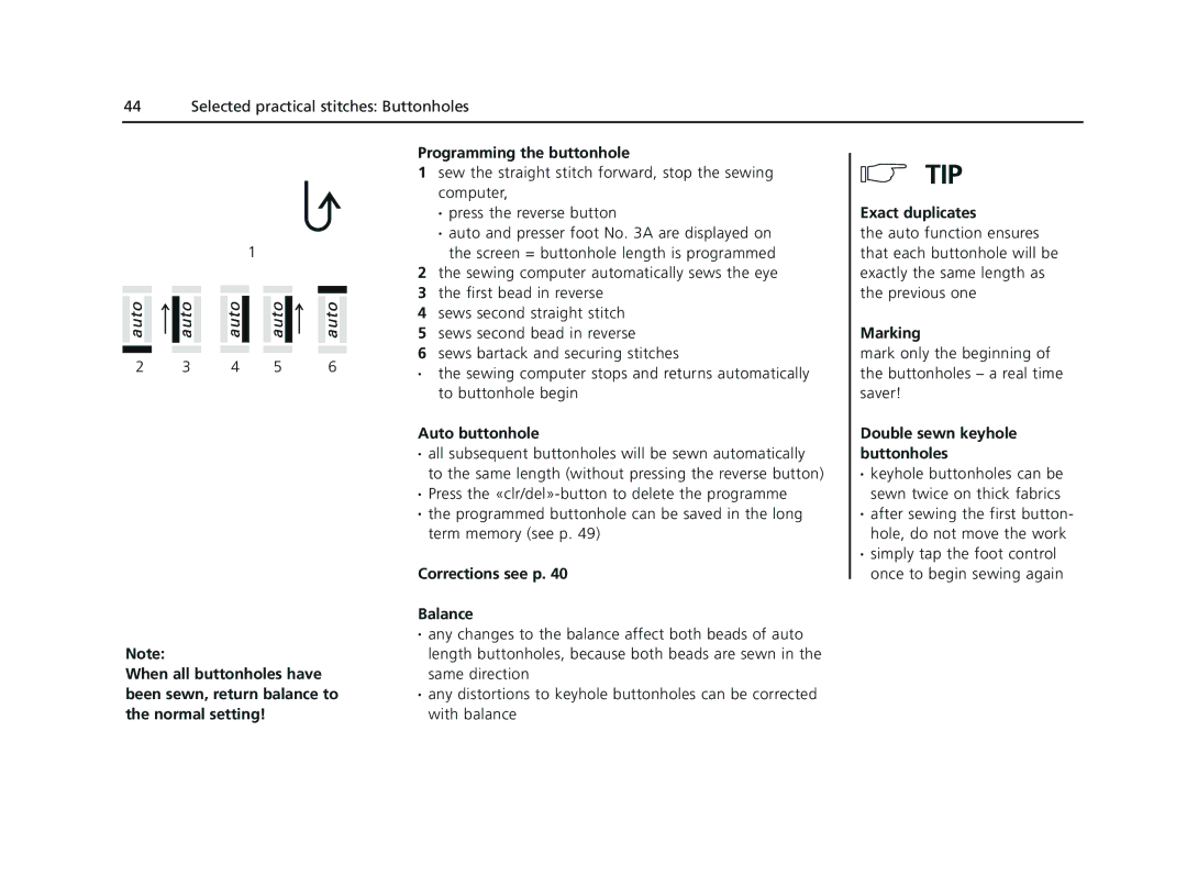 Bernina 135 S appendix Corrections see p Balance, Double sewn keyhole buttonholes 