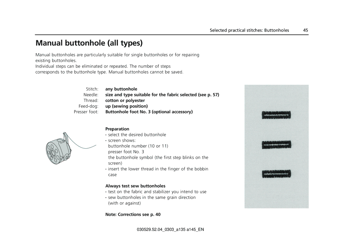 Bernina 135 S appendix Manual buttonhole all types, Always test sew buttonholes 