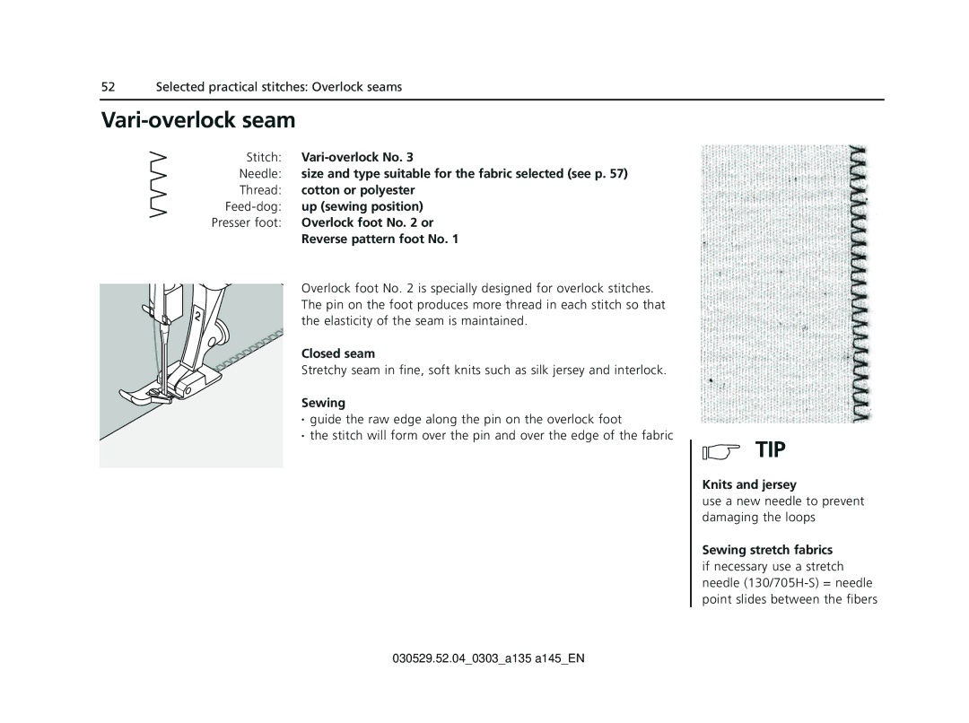 Bernina 135 S appendix Vari-overlock seam, Closed seam, Knits and jersey, Sewing stretch fabrics 