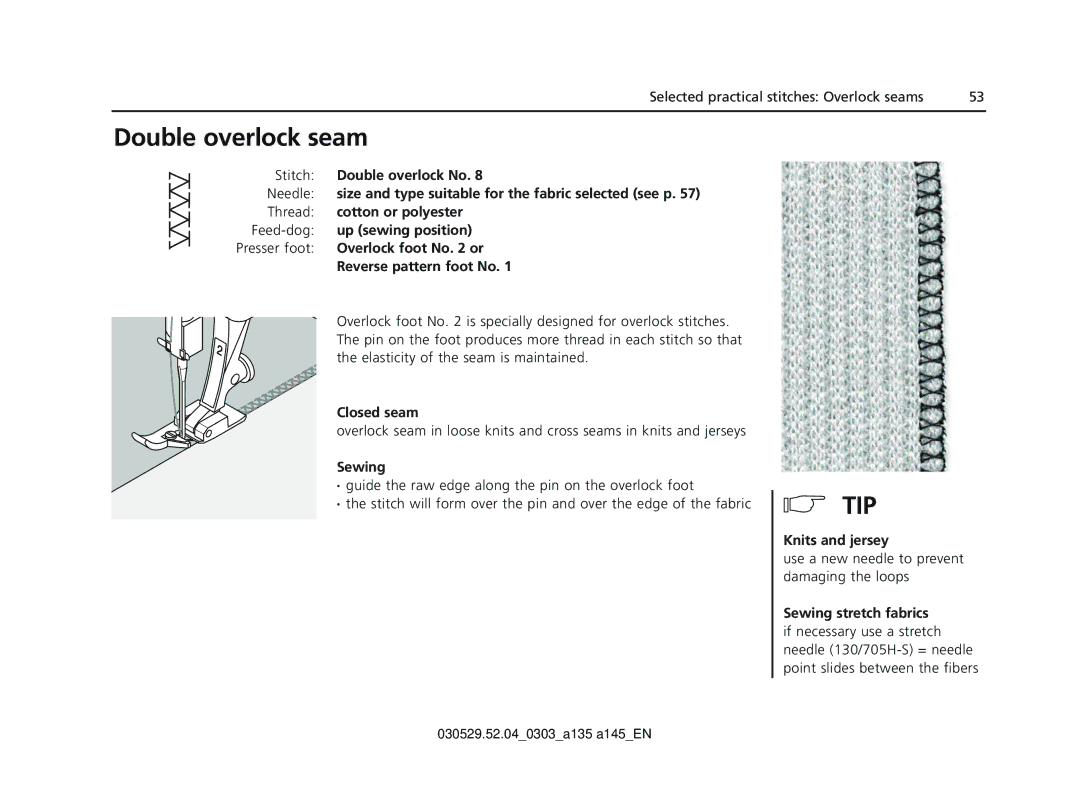 Bernina 135 S appendix Double overlock seam, Double overlock No, Overlock foot No or Reverse pattern foot No 