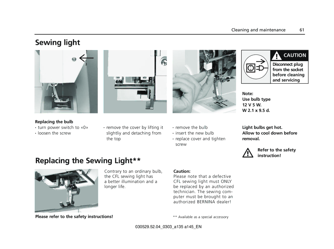 Bernina 135 S appendix Sewing light, Replacing the Sewing Light, Replacing the bulb 