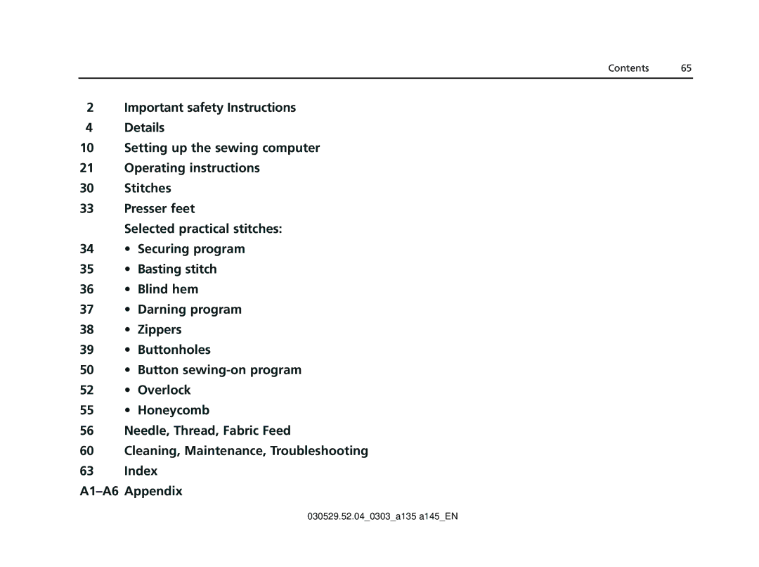 Bernina 135 S appendix Contents 