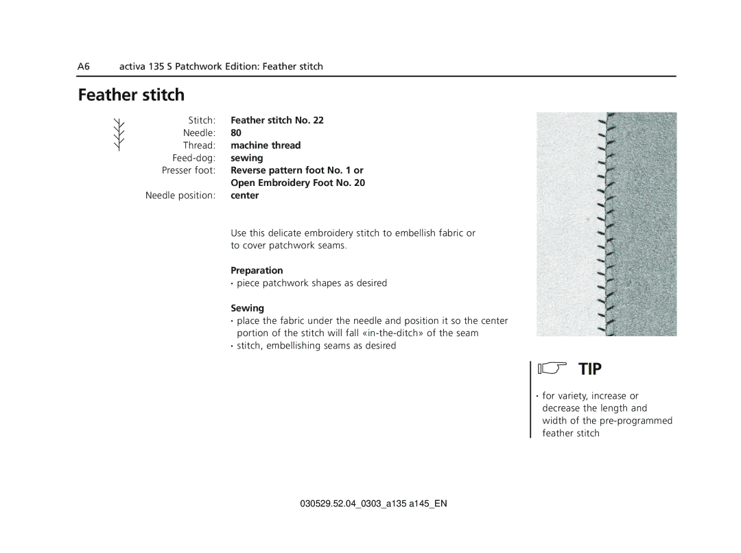 Bernina 135 S appendix Feather stitch No 