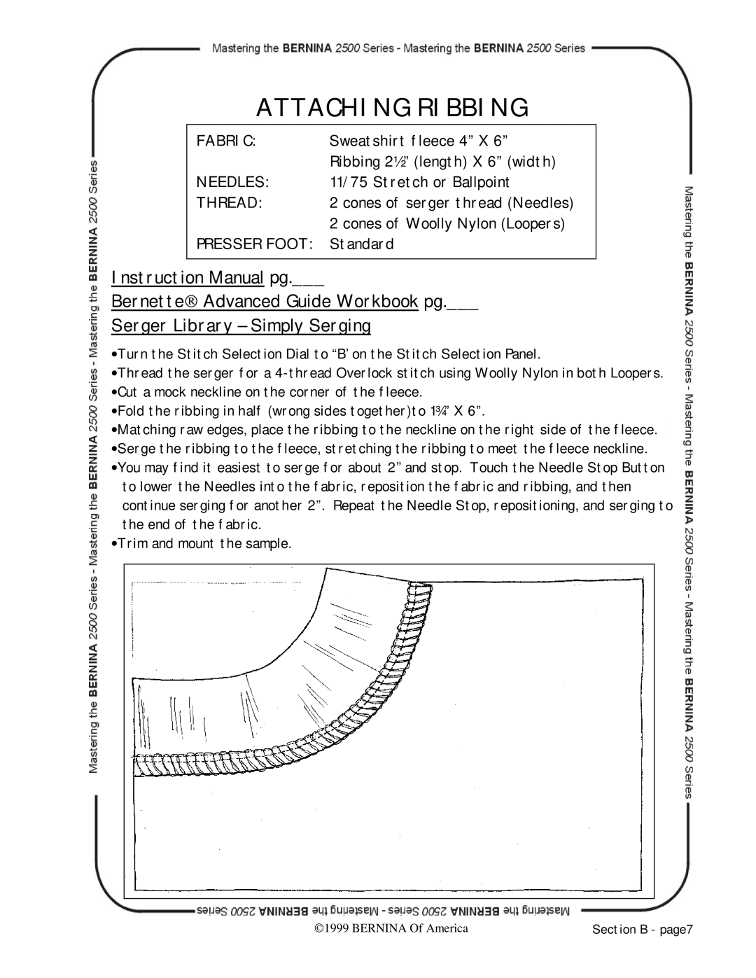 Bernina 2500 manual Attaching Ribbing 