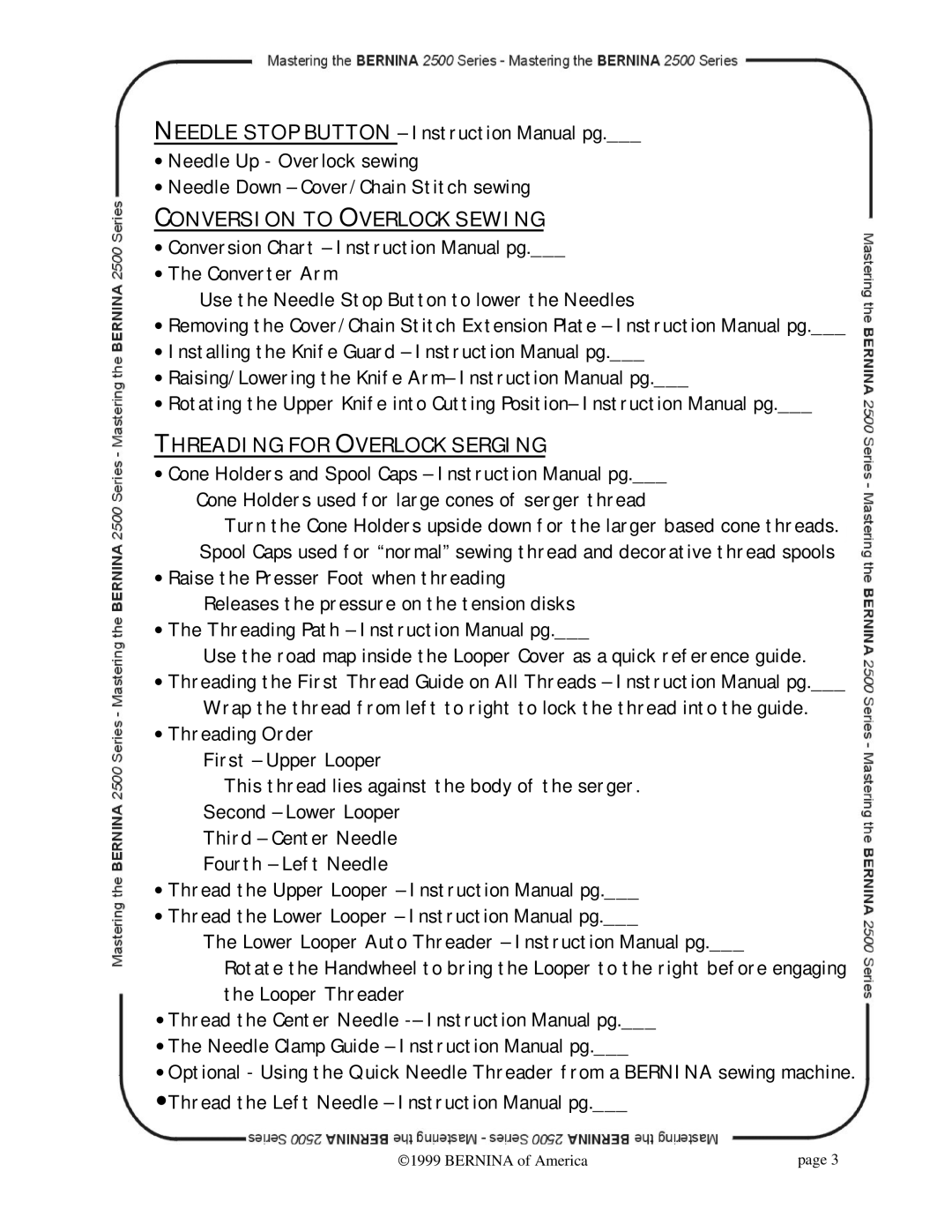 Bernina 2500 manual Conversion to Overlock Sewing, Threading for Overlock Serging 