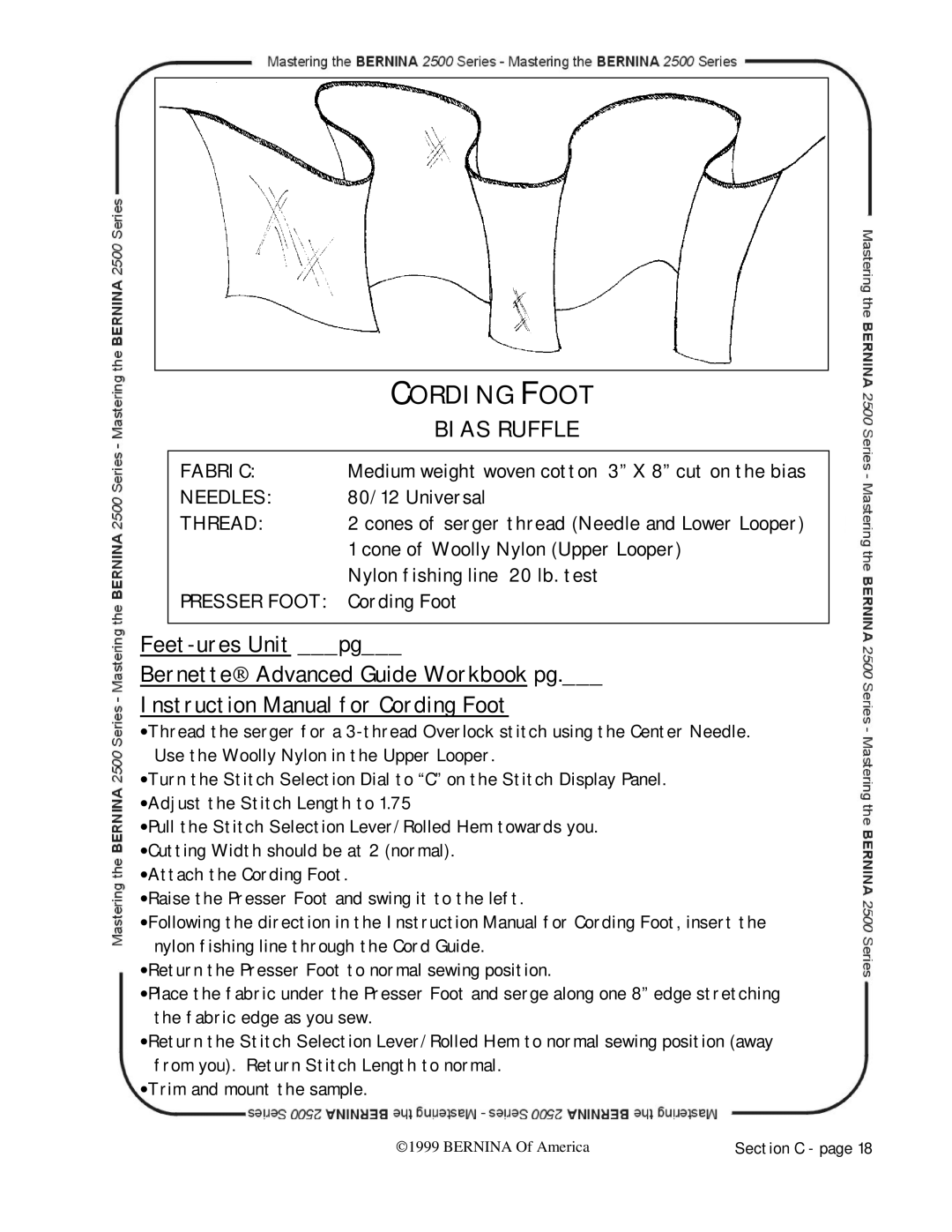 Bernina 2500 manual Cording Foot, Feet-ures Unit pg Bernette Advanced Guide Workbook pg 