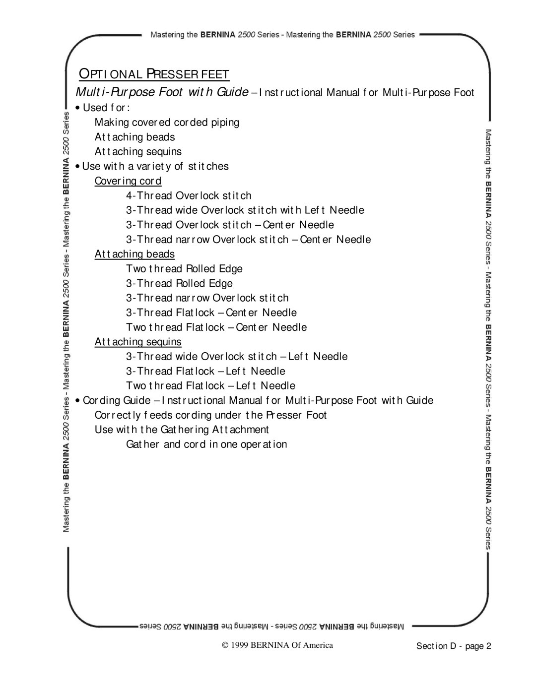 Bernina 2500 manual Optional Presser Feet 