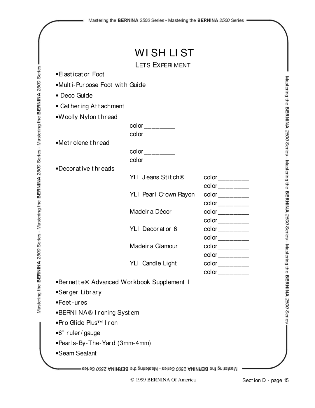 Bernina 2500 manual Lets Experiment 