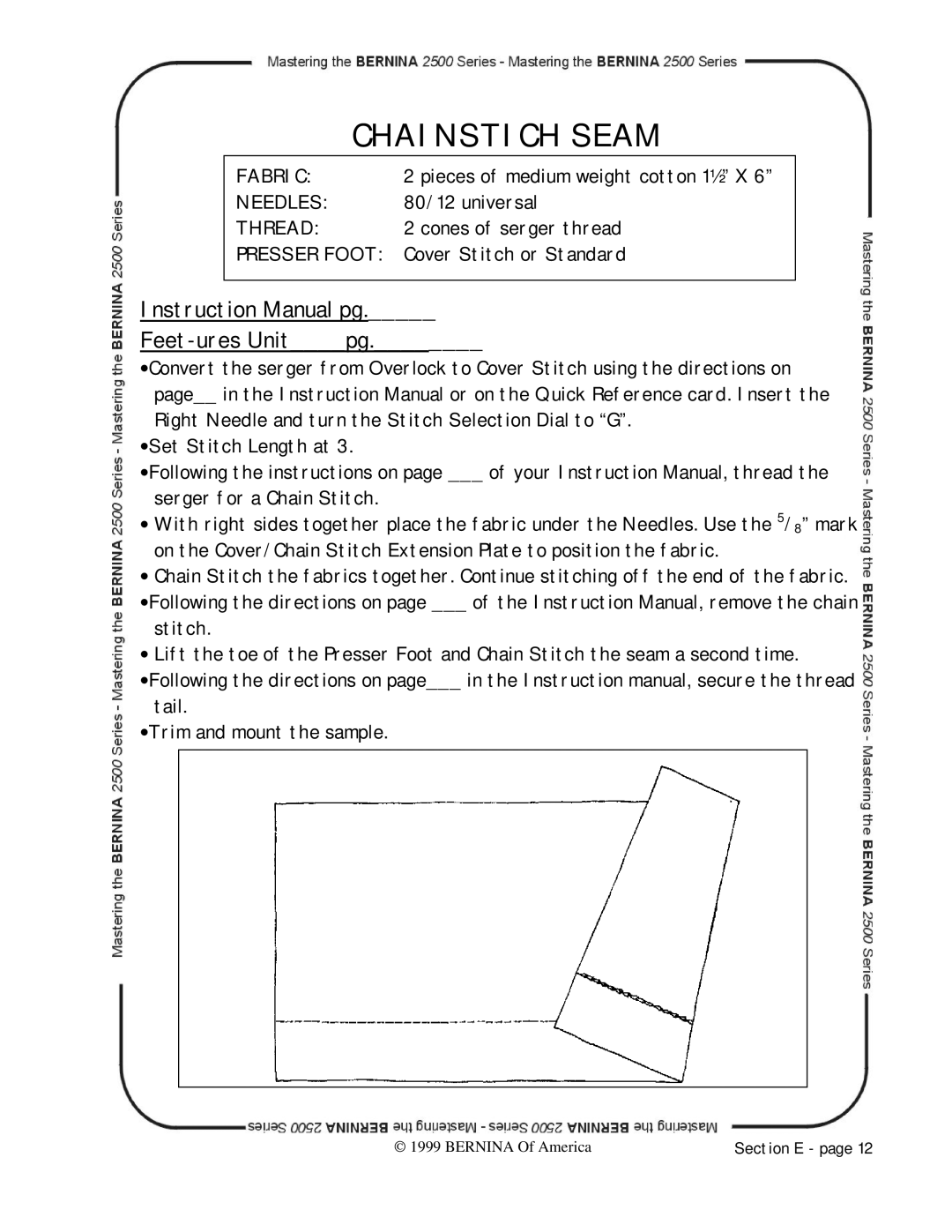 Bernina 2500 manual Chainstich Seam, Feet-ures Unitpg 
