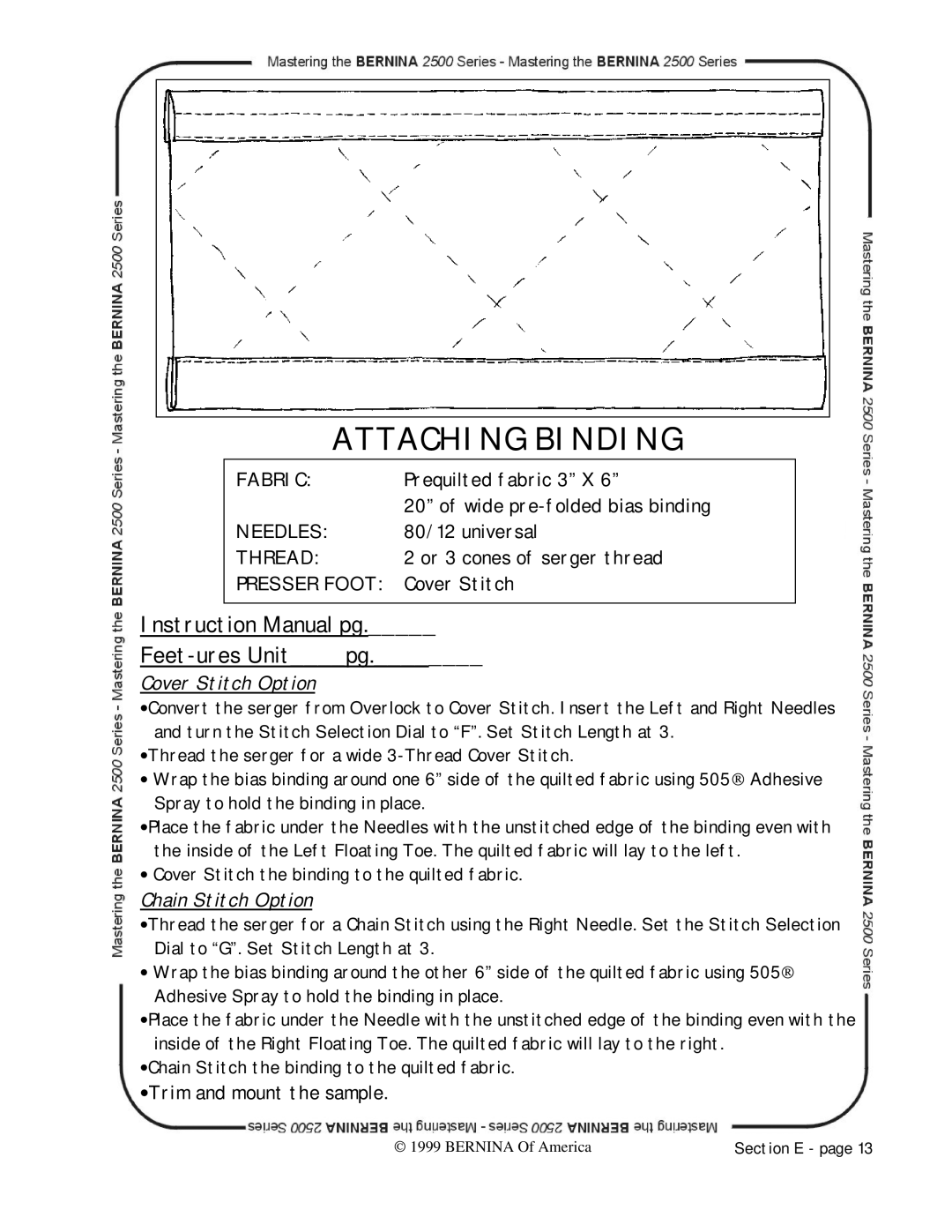 Bernina 2500 manual Attaching Binding, Cover Stitch Option 