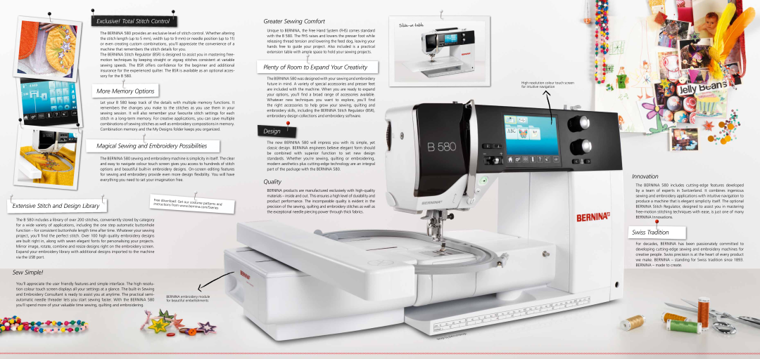 Bernina 580 Exclusive! Total Stitch Control, More Memory Options, Magical Sewing and Embroidery Possibilities, Design 
