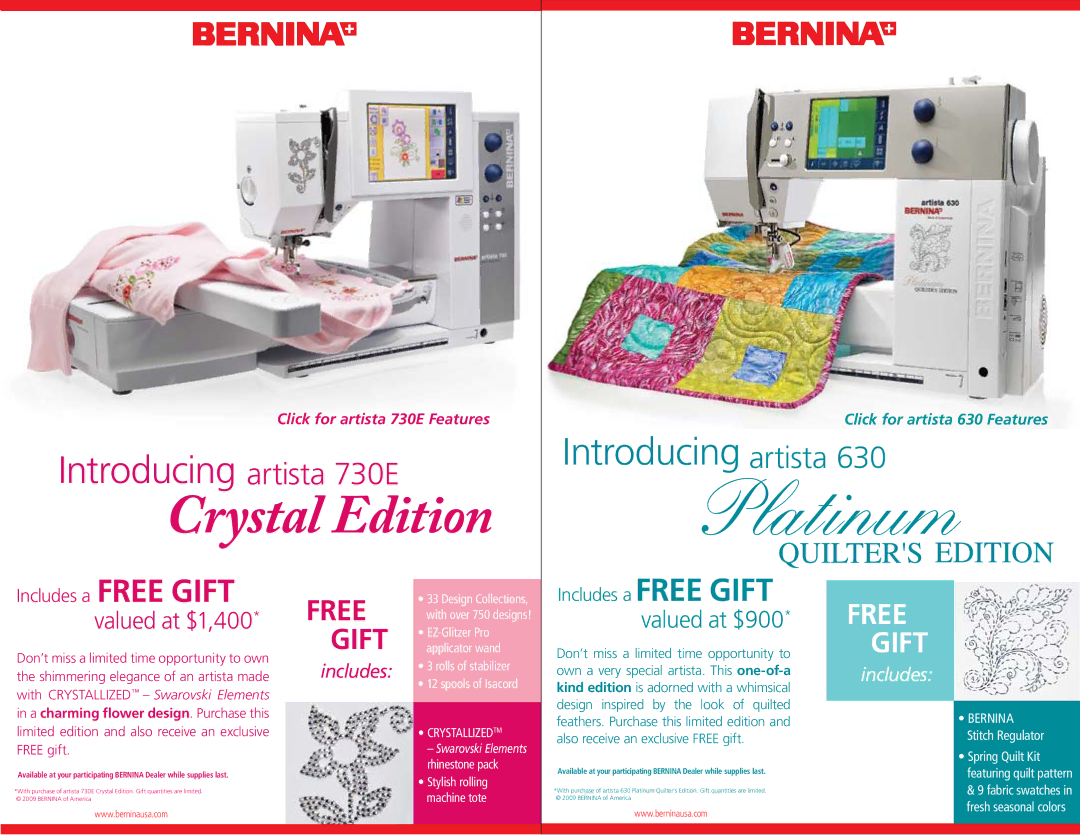 Bernina 630 manual Platinum, Free Gift, Valued at $1,400, Valued at $900 