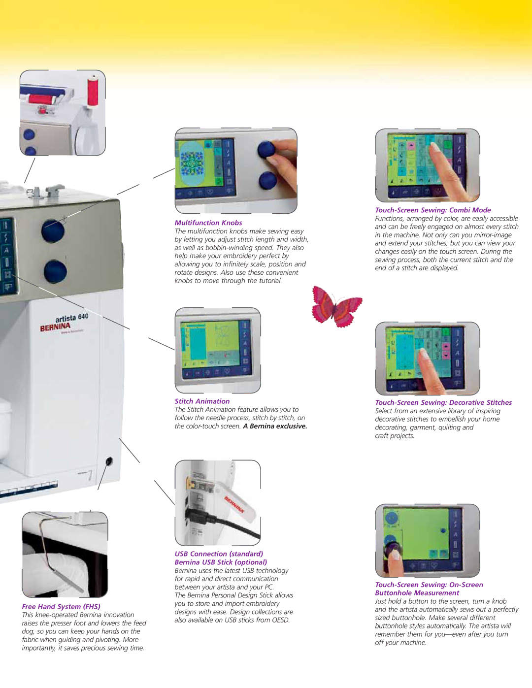 Bernina 640E, 630E manual Free Hand System FHS, Multifunction Knobs, Stitch Animation, USB Connection standard 