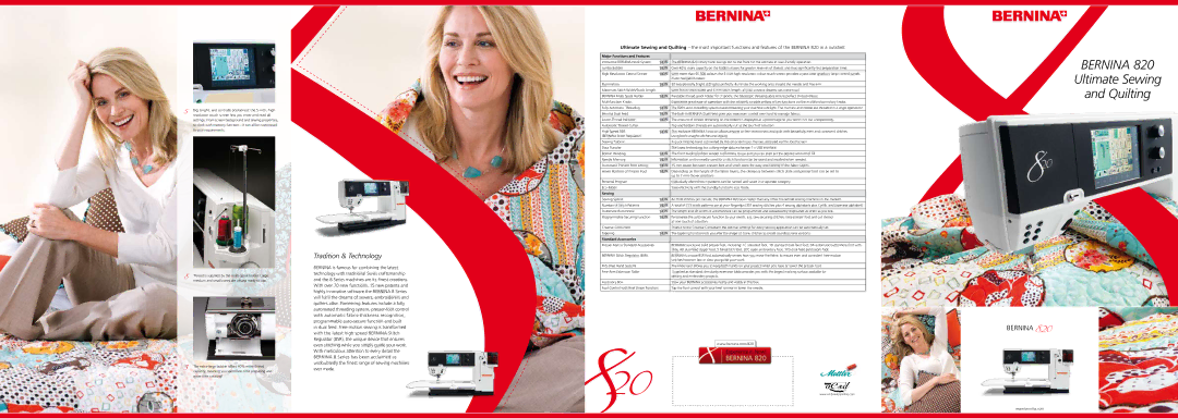 Bernina 820 user manual Tradition & Technology, Major Functions and Features, Sewing, Standard Accessories 