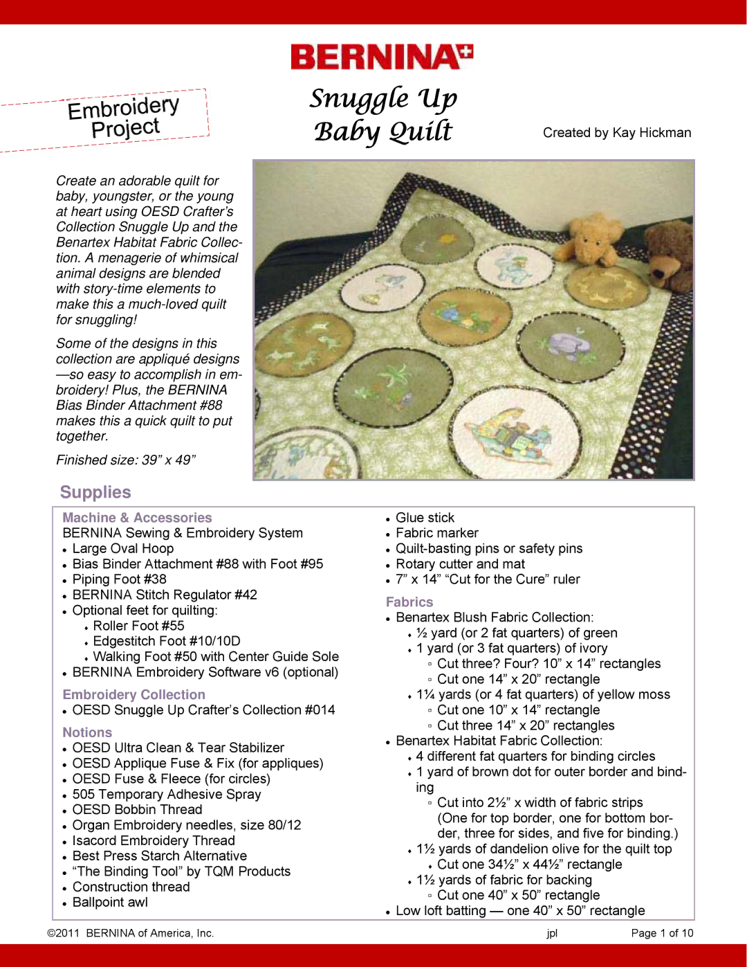 Bernina Baby Accessories manual Snuggle Up Baby Quilt, Supplies 