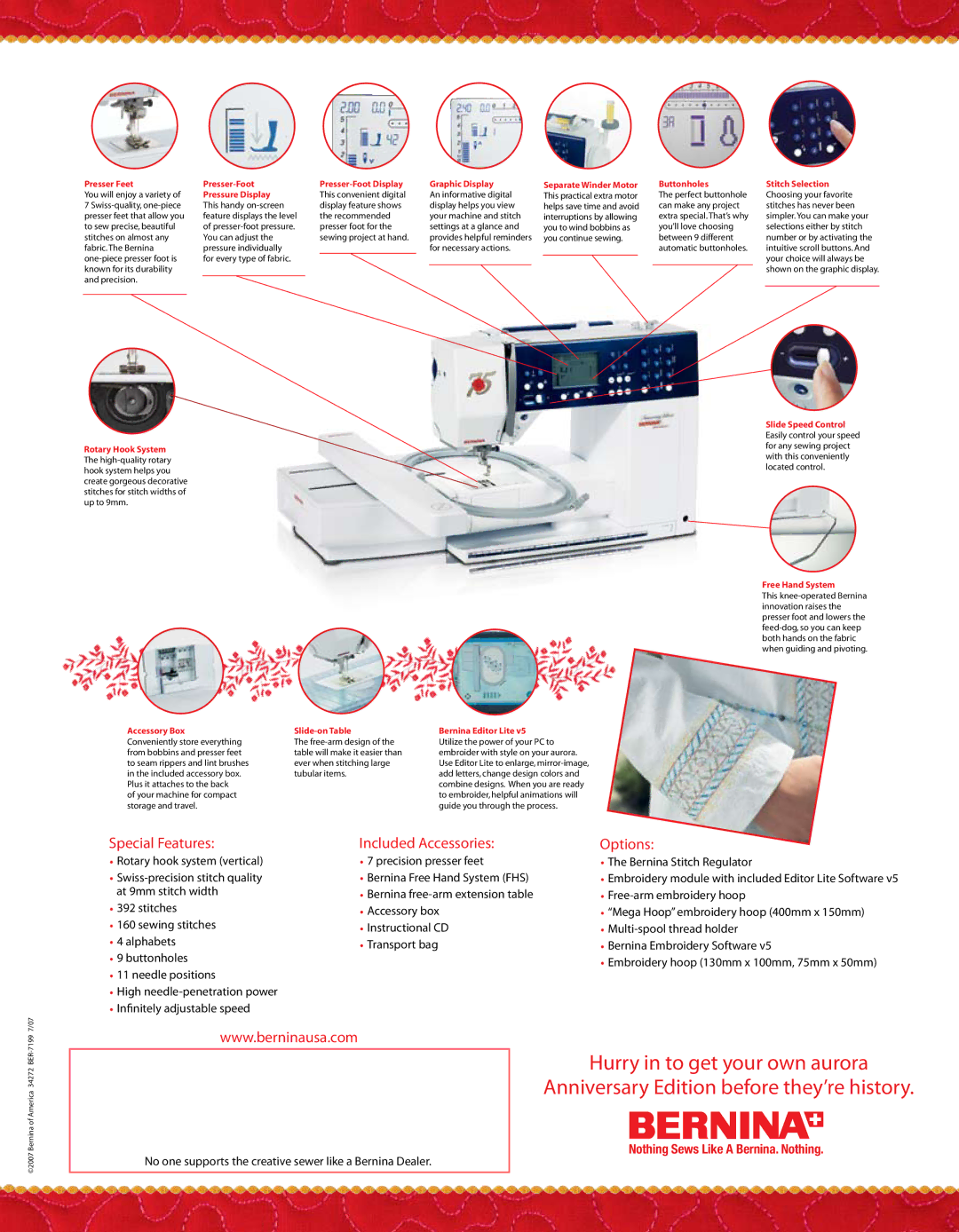 Bernina Embroidery Machine manual Special Features, Included Accessories, Options 