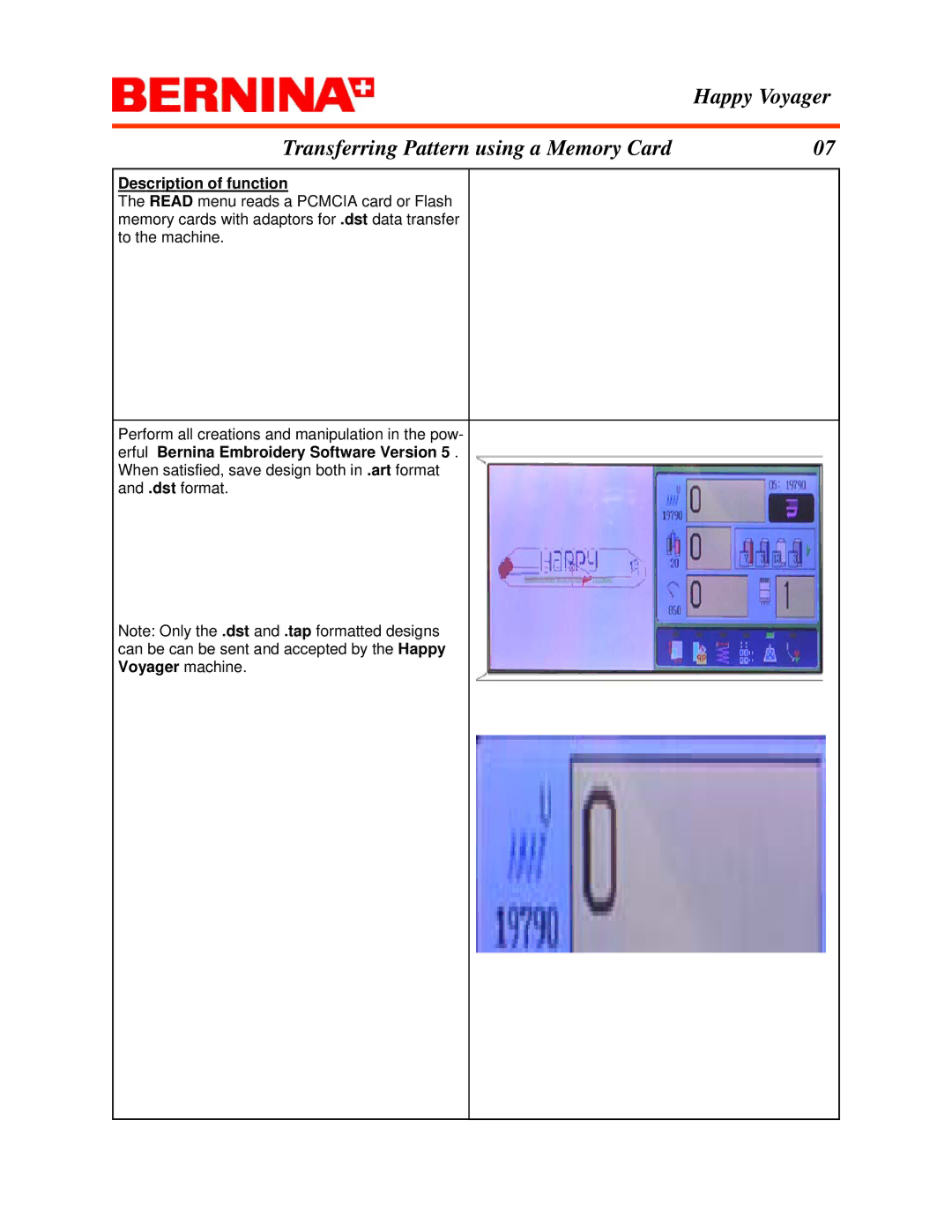 Bernina manual Happy Voyager Transferring Pattern using a Memory Card 