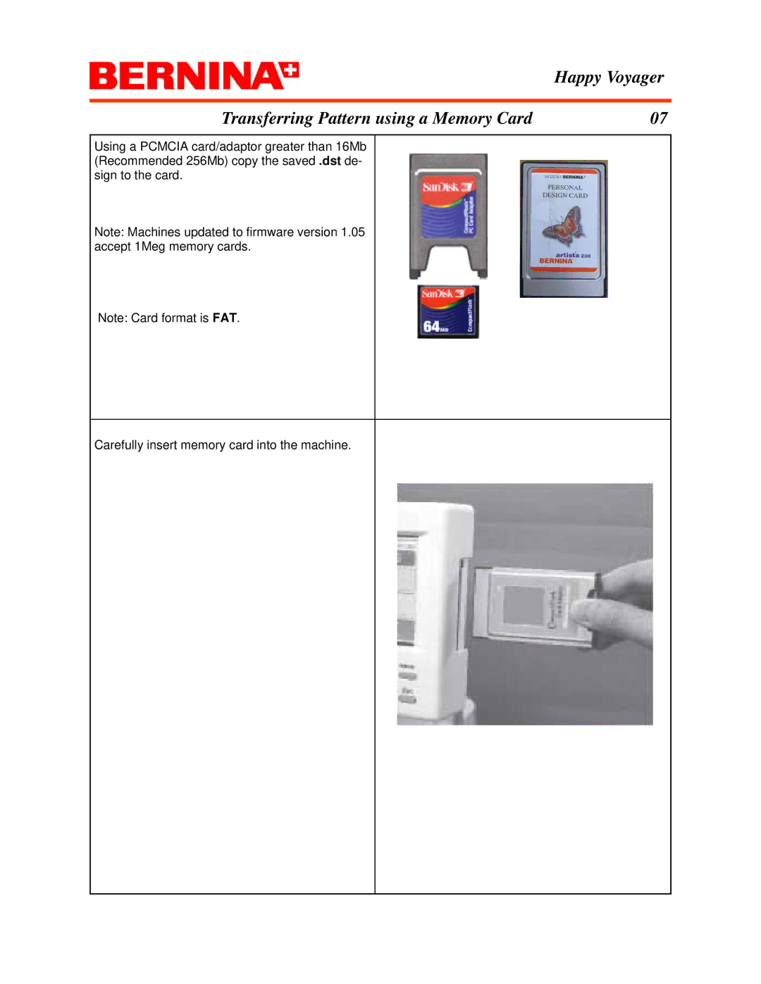 Bernina manual Happy Voyager Transferring Pattern using a Memory Card 