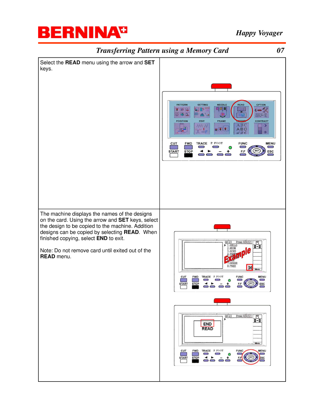 Bernina Happy Voyager manual Read menu 