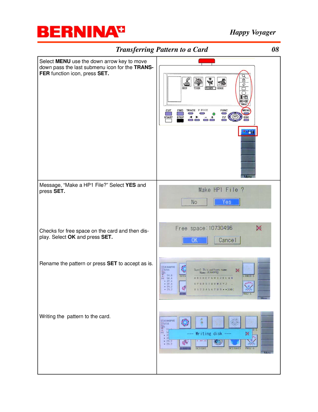 Bernina manual Happy Voyager Transferring Pattern to a Card 