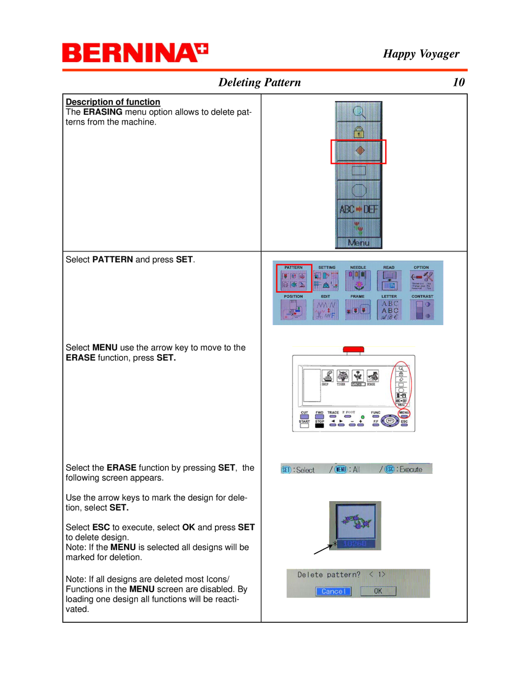 Bernina manual Happy Voyager Deleting Pattern 