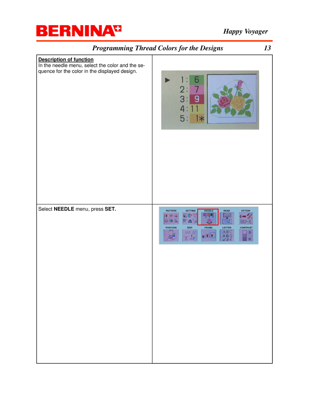 Bernina manual Happy Voyager Programming Thread Colors for the Designs 