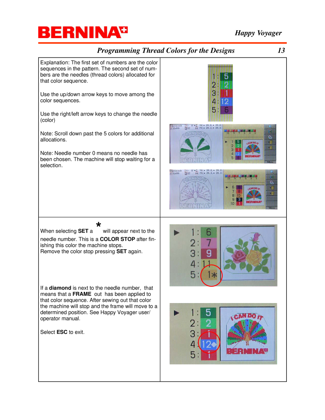 Bernina manual Happy Voyager Programming Thread Colors for the Designs 
