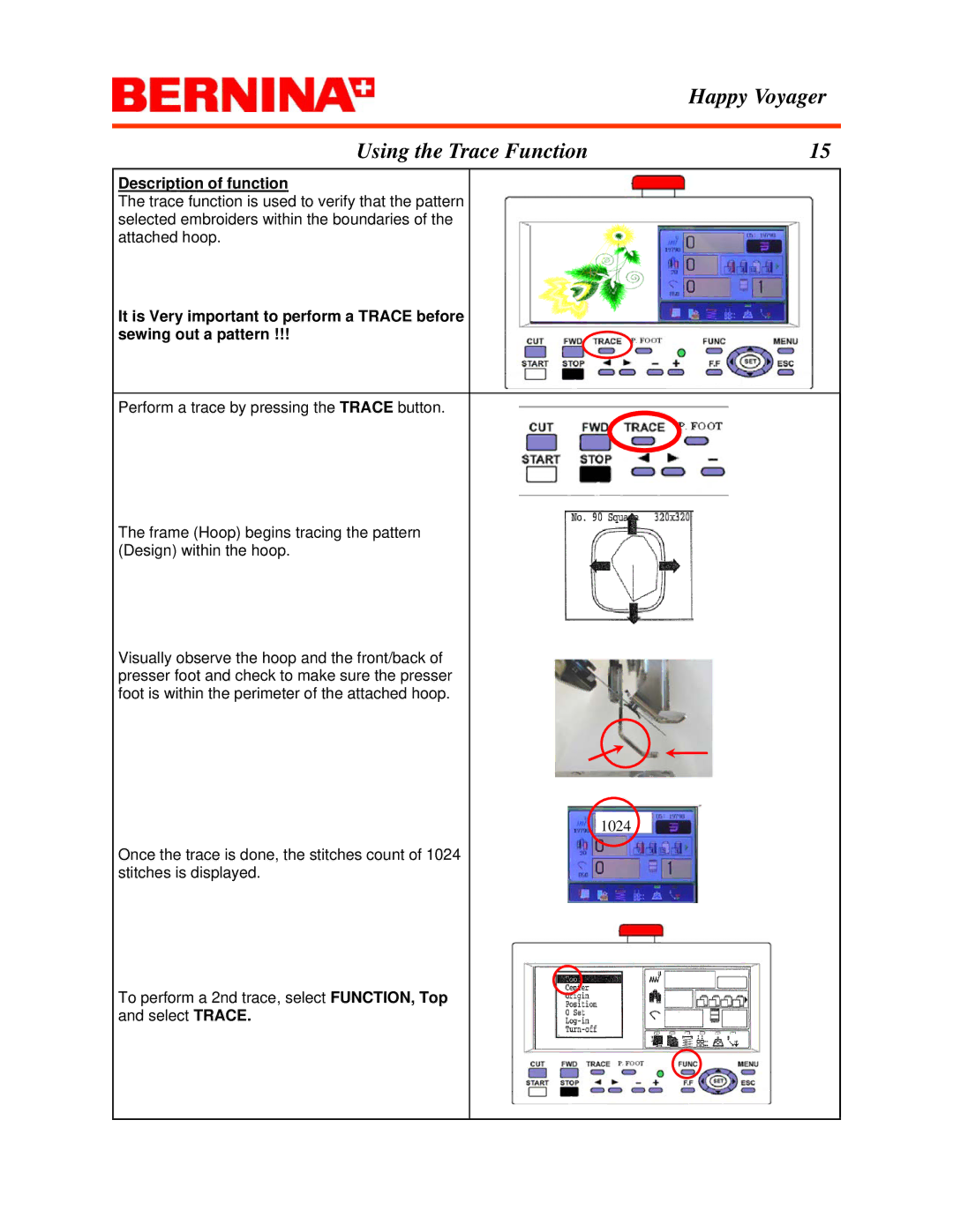 Bernina manual Happy Voyager Using the Trace Function, Description of function 