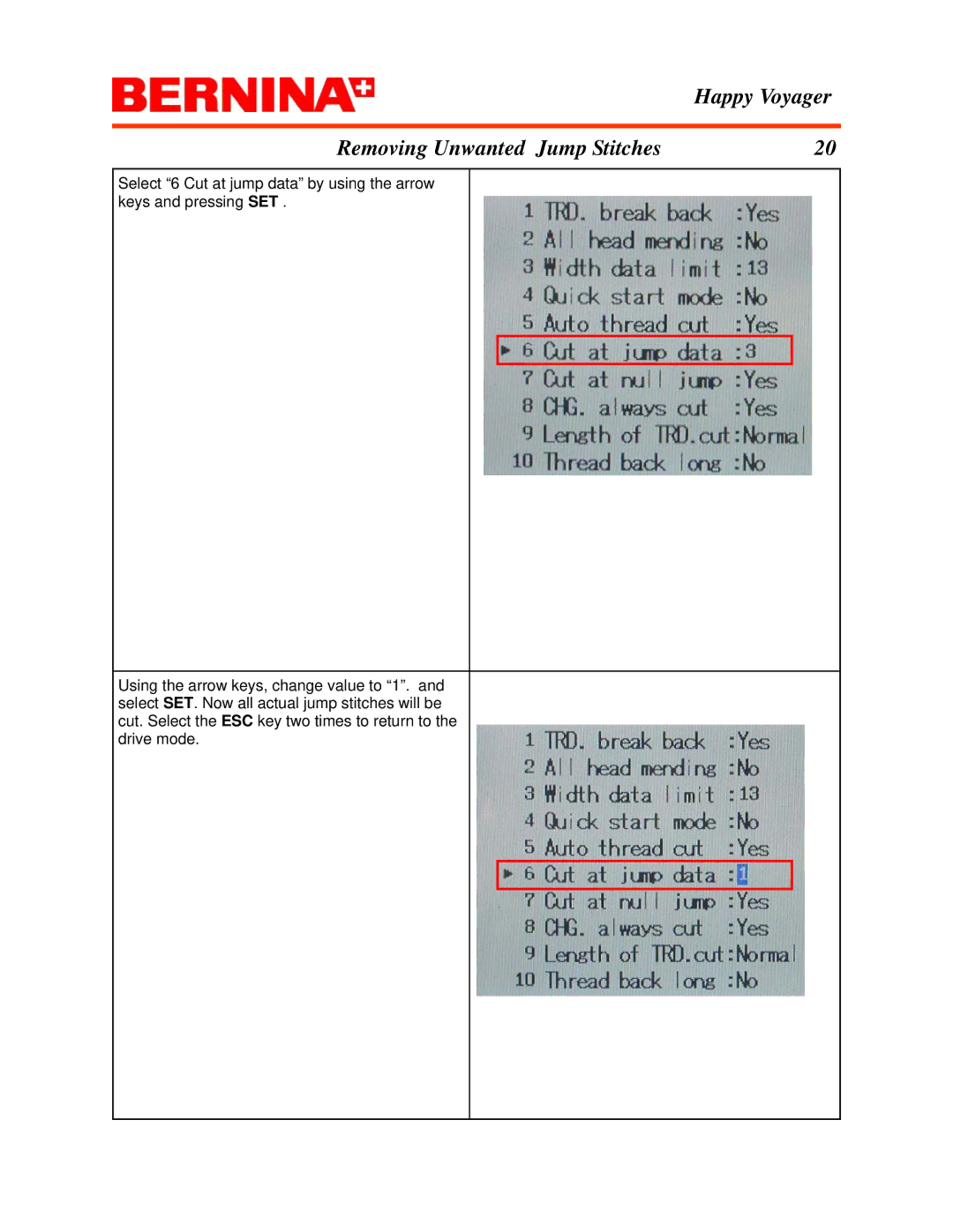 Bernina manual Happy Voyager Removing Unwanted Jump Stitches 