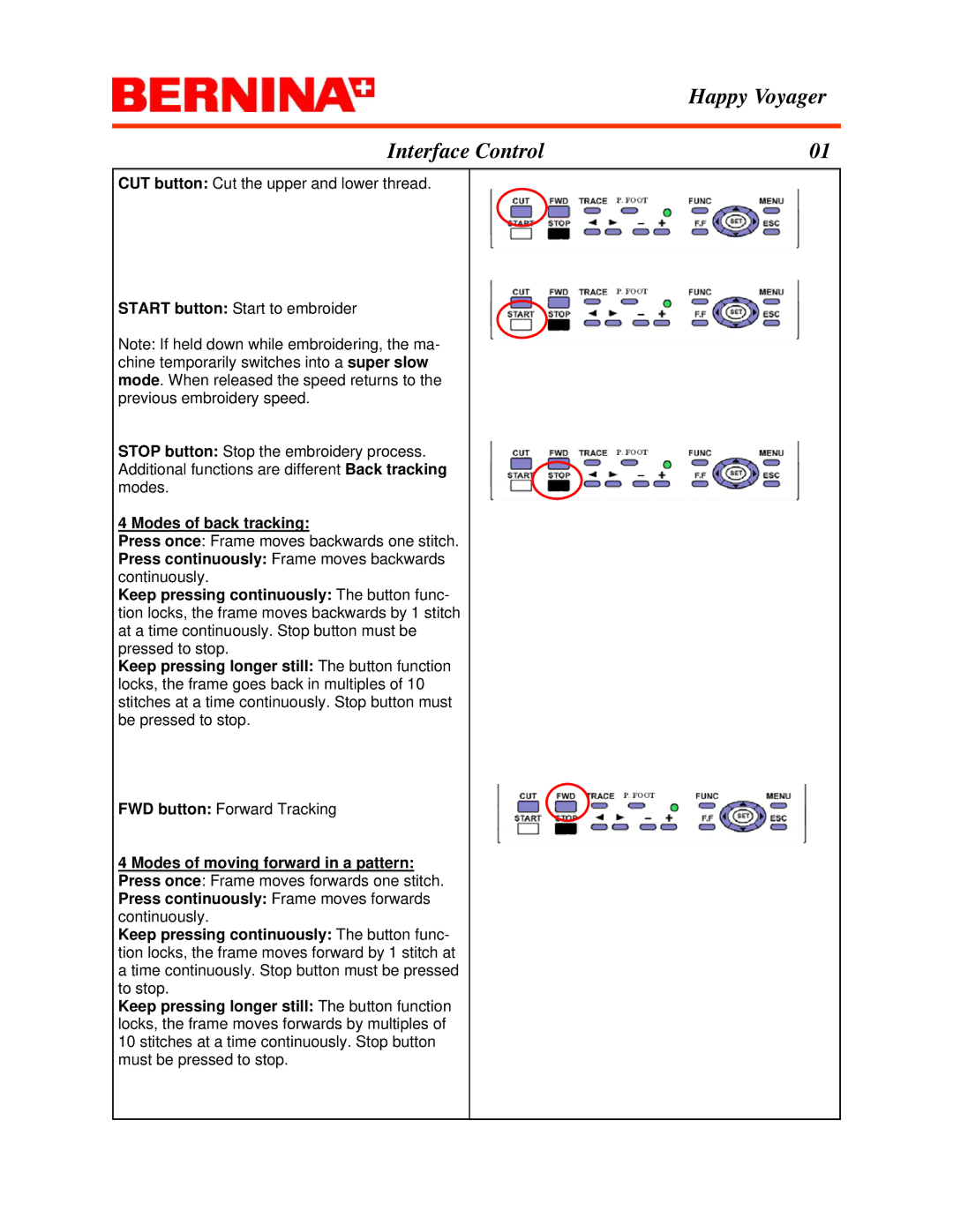 Bernina Happy Voyager manual Modes of back tracking 