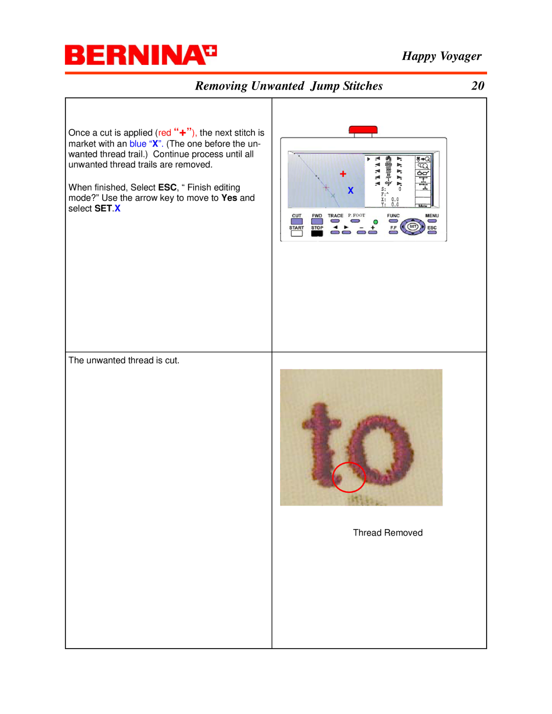Bernina manual Happy Voyager Removing Unwanted Jump Stitches 