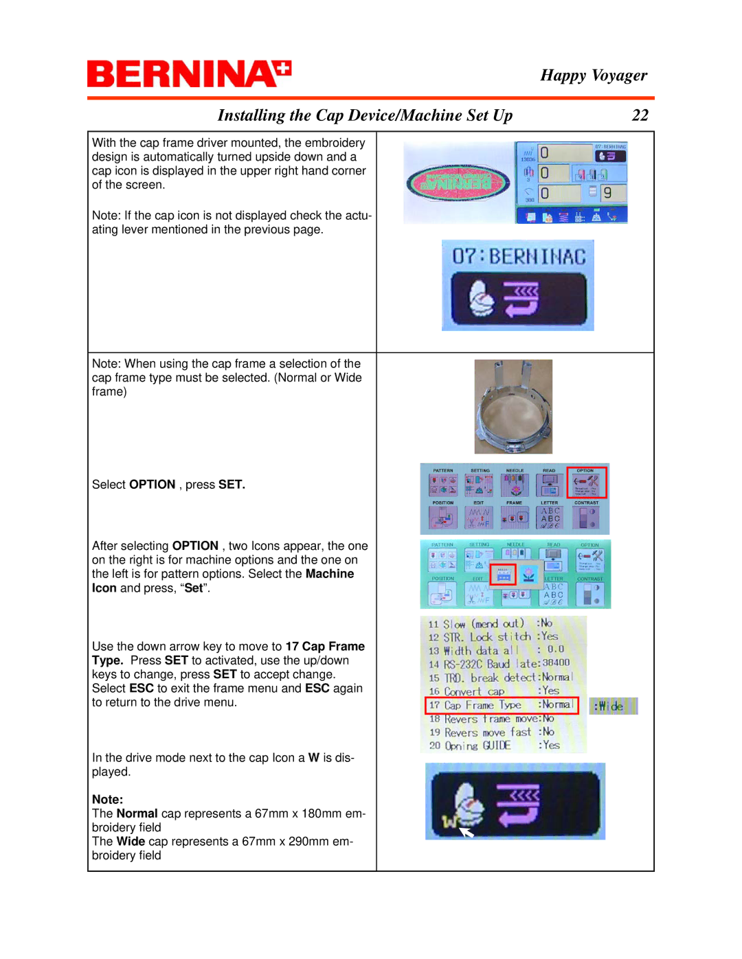 Bernina manual Happy Voyager Installing the Cap Device/Machine Set Up 