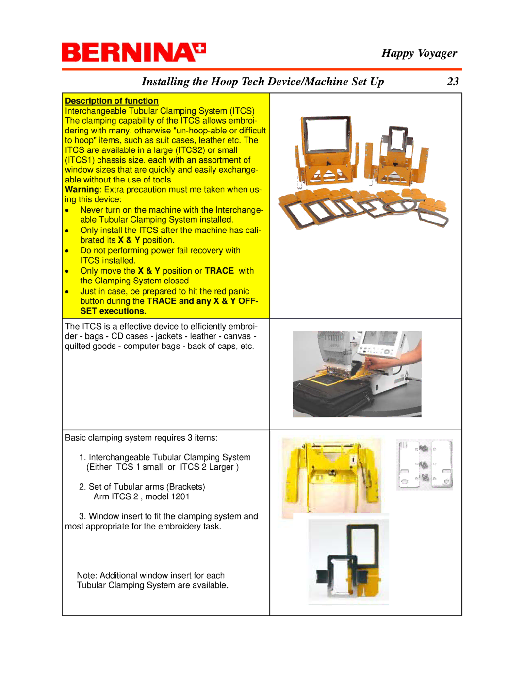 Bernina manual Happy Voyager Installing the Hoop Tech Device/Machine Set Up, SET executions 