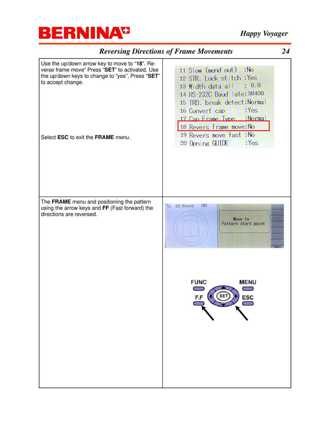 Bernina manual Happy Voyager Reversing Directions of Frame Movements 