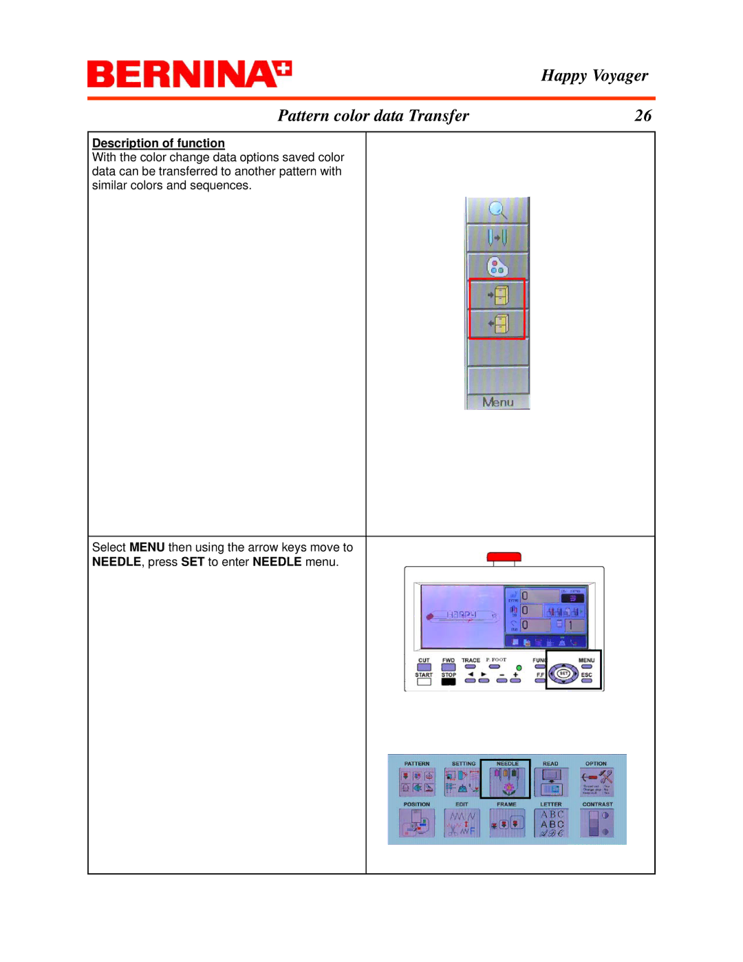 Bernina manual Happy Voyager Pattern color data Transfer 