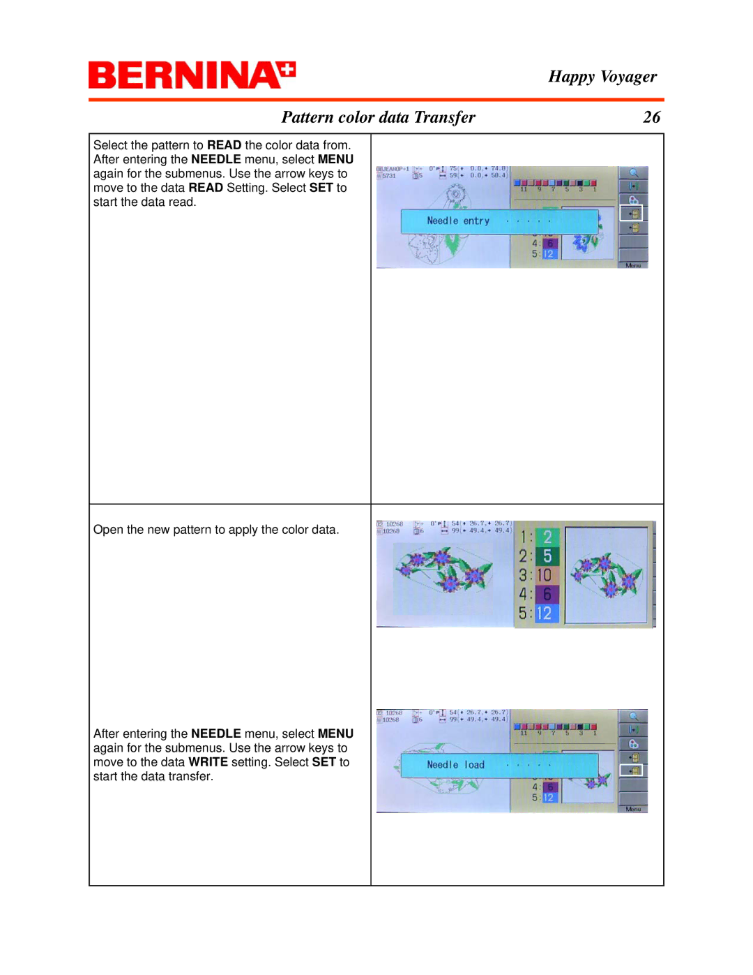 Bernina manual Happy Voyager Pattern color data Transfer 