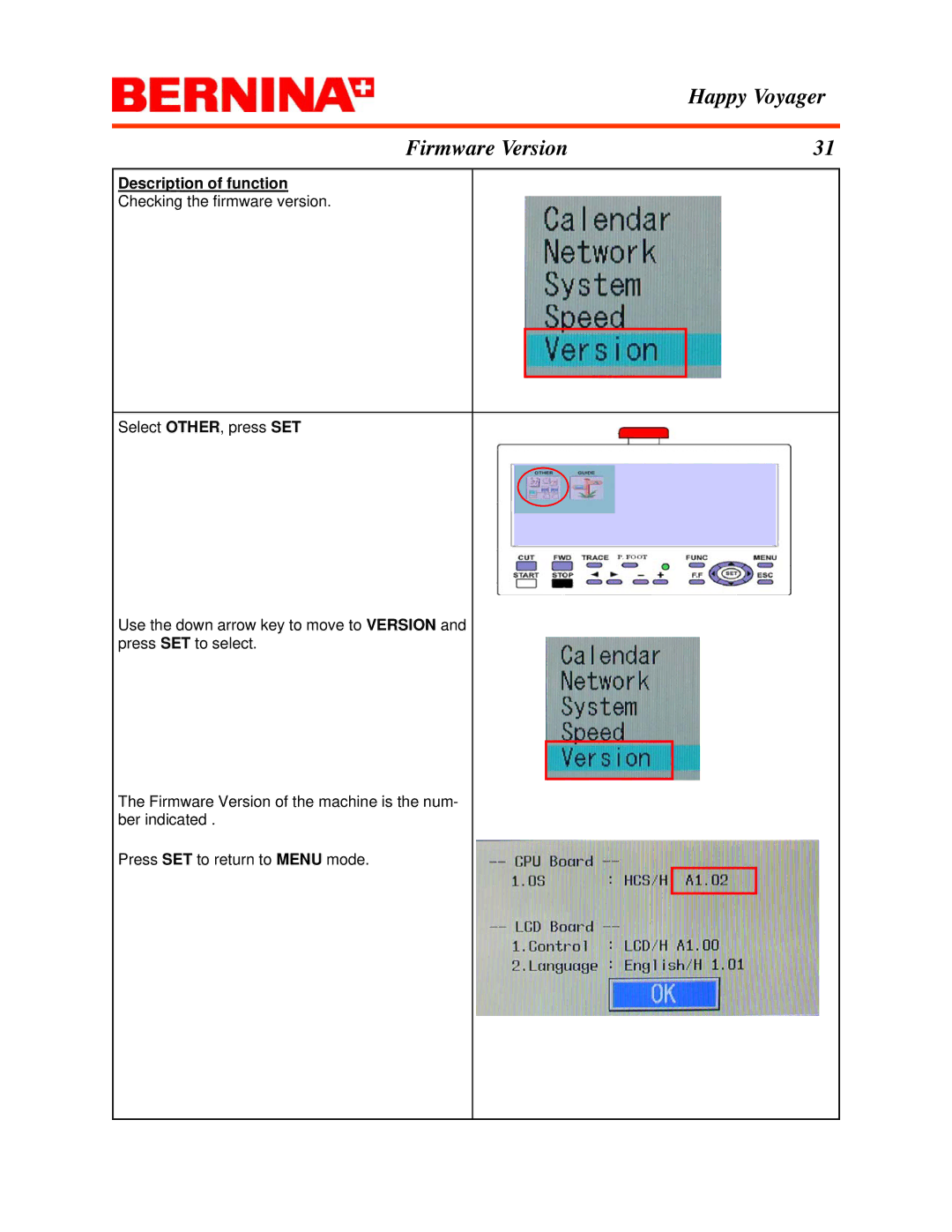 Bernina manual Happy Voyager Firmware Version 