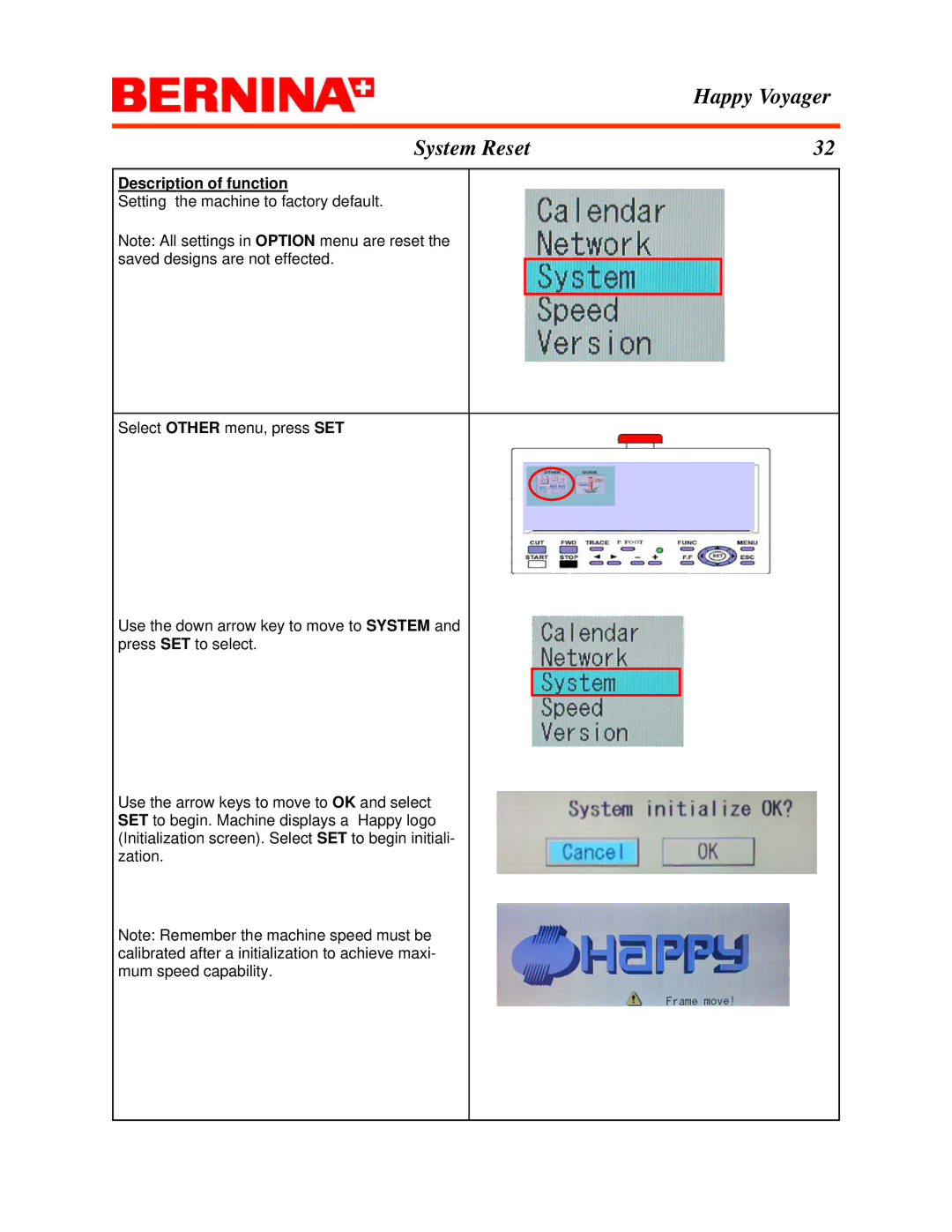 Bernina manual Happy Voyager System Reset 