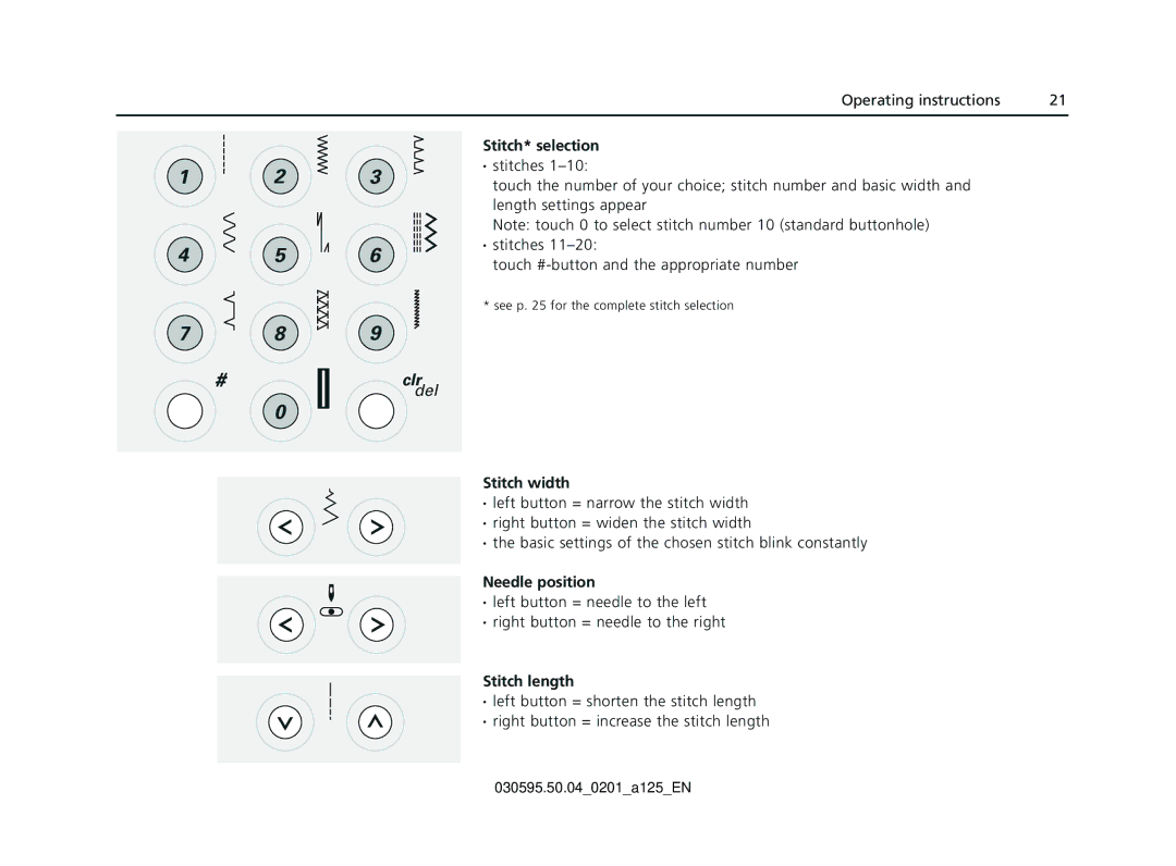 Bernina Sewing Machine manual Stitch* selection, Stitch width, Needle position, Stitch length 