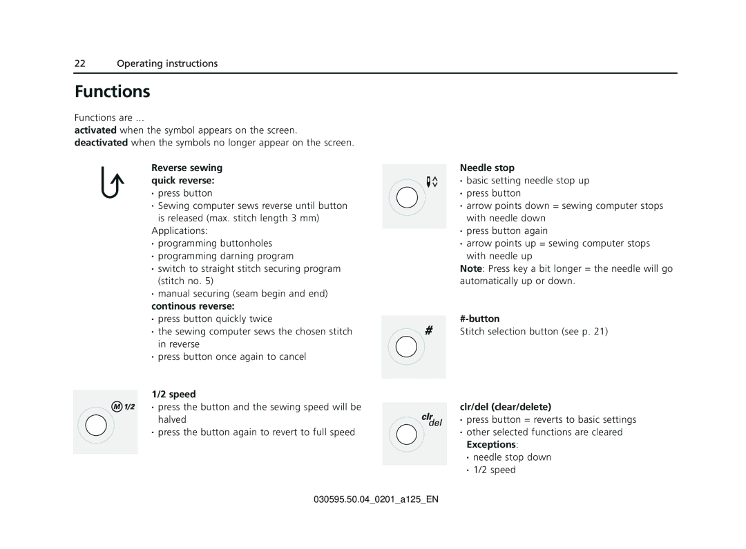 Bernina Sewing Machine manual Functions, Needle stop, Clr/del clear/delete 