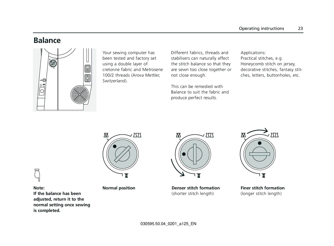 Bernina Sewing Machine manual Balance, Shorter stitch length Longer stitch length 