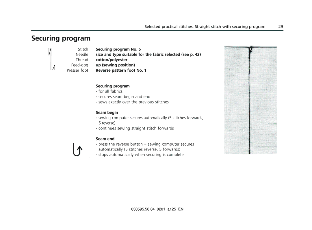 Bernina Sewing Machine manual Securing program, Seam begin, Seam end 