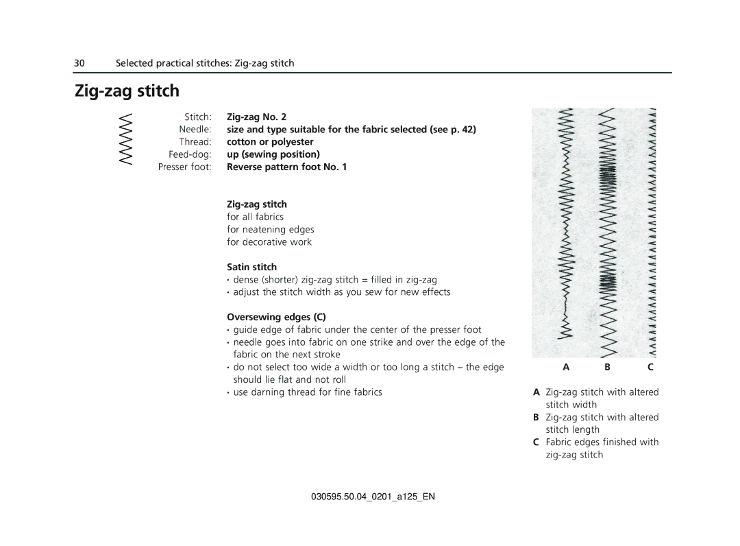 Bernina Sewing Machine manual Zig-zag stitch, Satin stitch, Oversewing edges C 