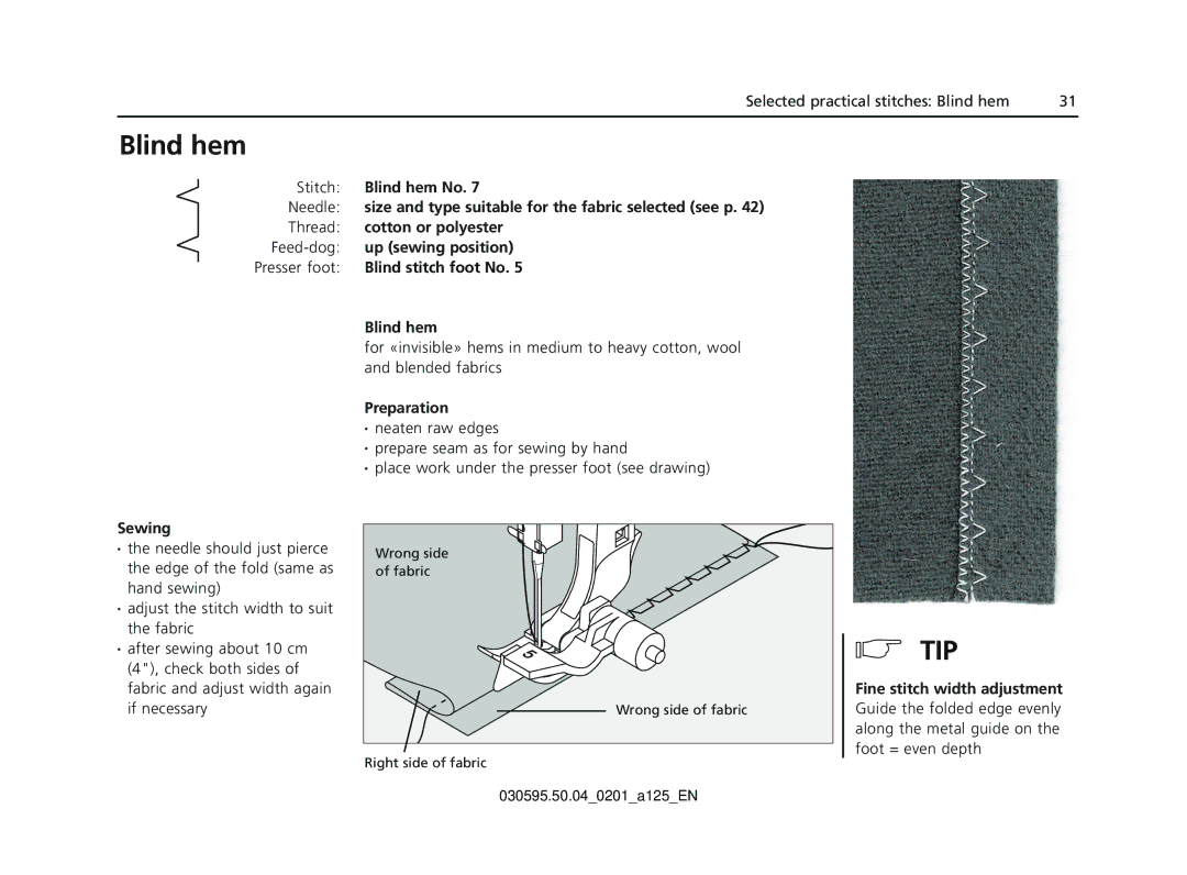 Bernina Sewing Machine manual Blind hem, Preparation, Fine stitch width adjustment 